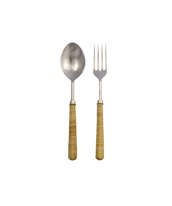 Beige salad servers with wicker handles