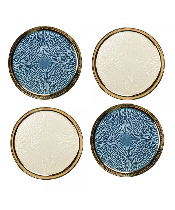Dessert plate with gold rim, 2 blue and 2 cream - set of 4