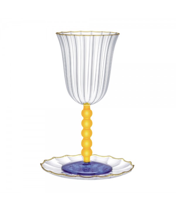 Kiddush glass with golden pearls and golden rimmed saucer