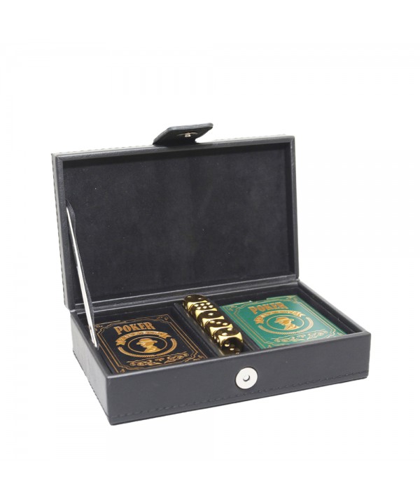 2 sets of poker and 5 golden dice in black faux leather case