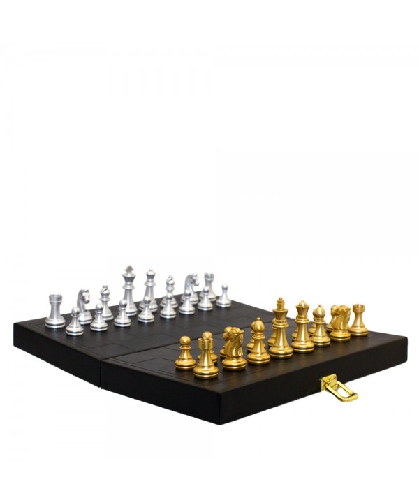 Backgammon/chess set in black faux leather case
