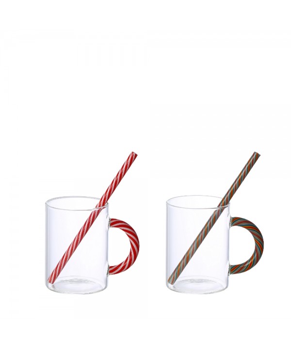 Green and red barley sugar glass tea cups - set of 2