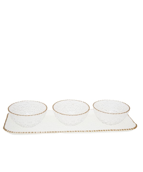 Aperitif set of 3 bowls on gold rim tray