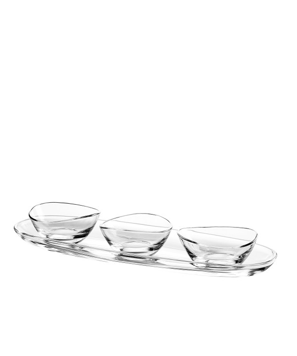 Aperitif set of 3 bowls on transparent tray 41cm