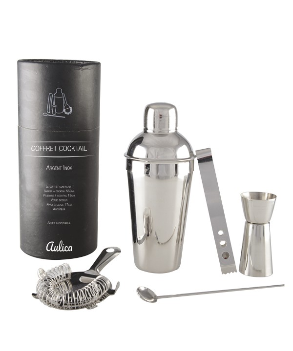 Cocktail shaker set 550ml 5 pieces silver color