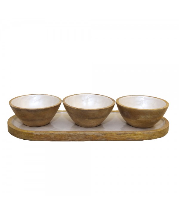 Appetizer set with 3 white bowls on a white wooden tray