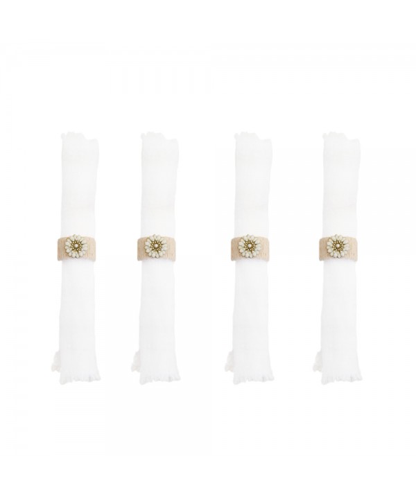 Set of 4 beige napkin rings with white flower