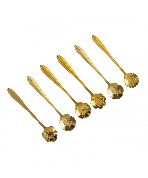 Cuillères à dessert fleurs assorties dorées - lot de 6