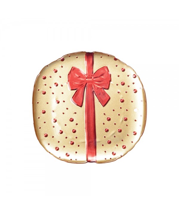 Gold dinner plate with red bow tie 21x21x2cm