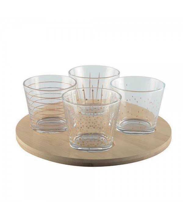 Golden bowls with wooden tray – set of 4