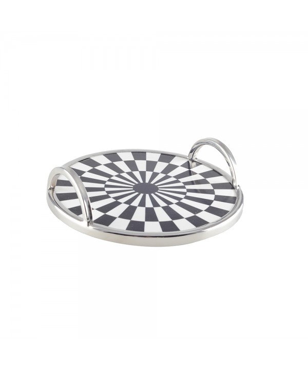 Round tray with black and white tiles 28x28x6cm