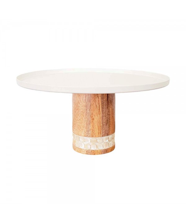 White tart platter on wood stand large model 30x30x15cm