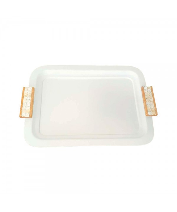 White rectangular platter with wooden handles 41x31cm