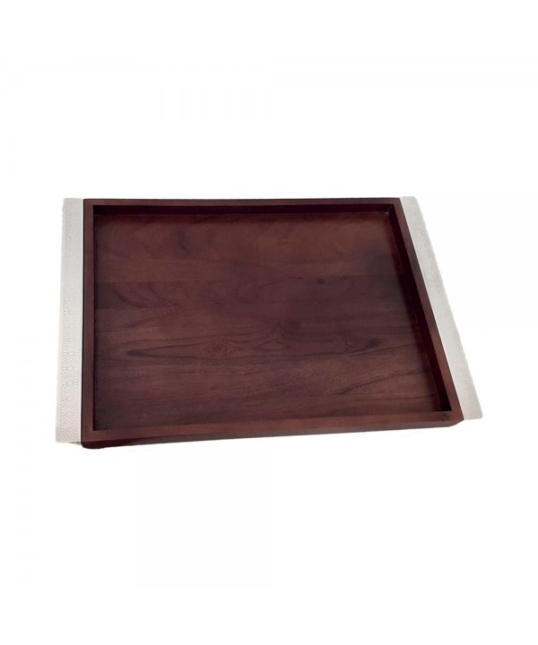 Rectangular tray wood with metal handles silver 44x33cm