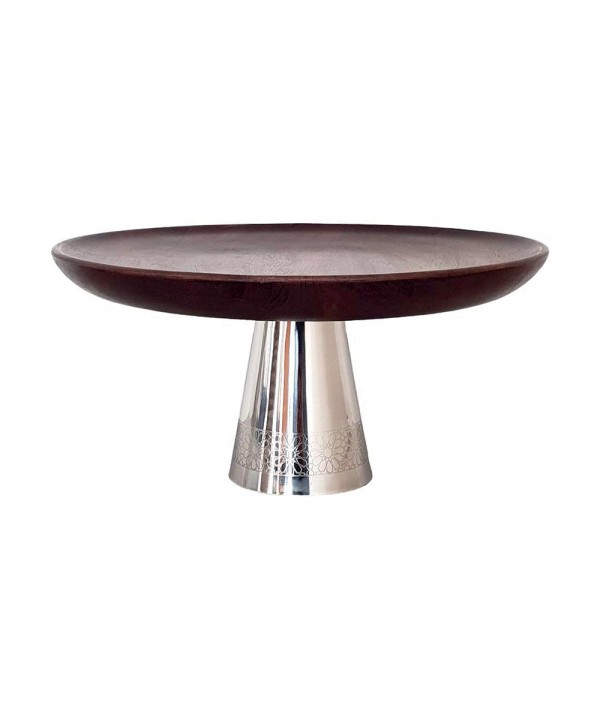 Wood tart platter on silver metal stand 30x30x14.5cm