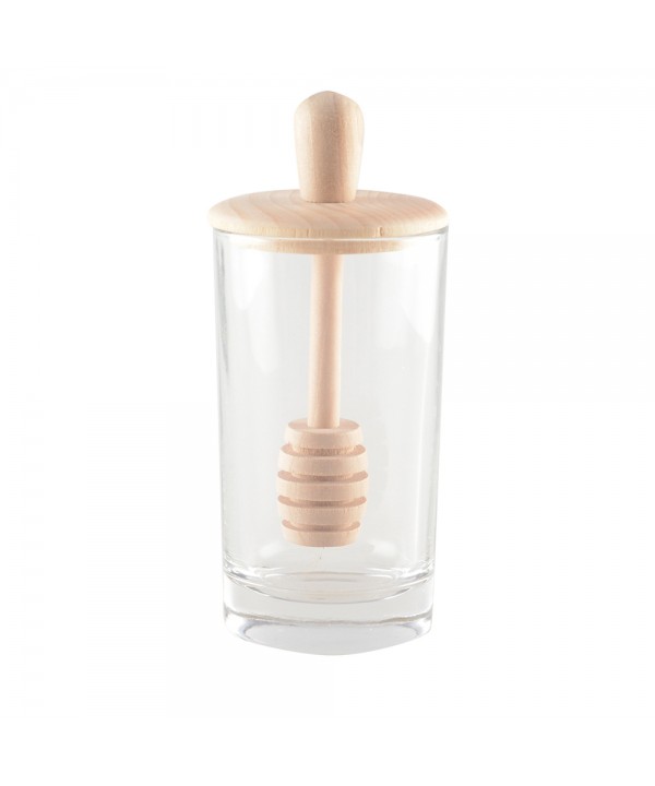 Honey pot in glass and wood 6x6x13cm