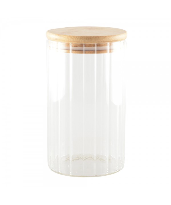 Glass storage pot with wooden lid 9x9x15cm