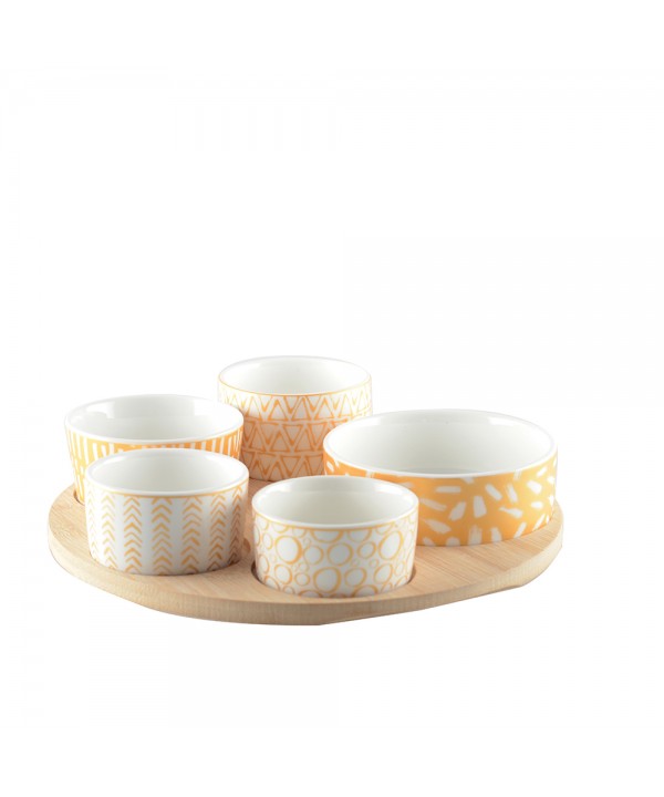 Appetizer set with 5 bowls on a round wooden tray