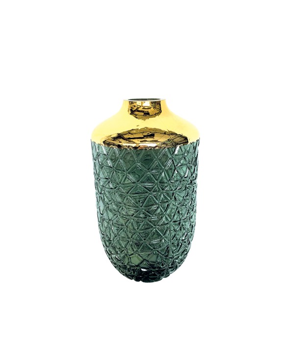Green vase with golden rim 16x29cm