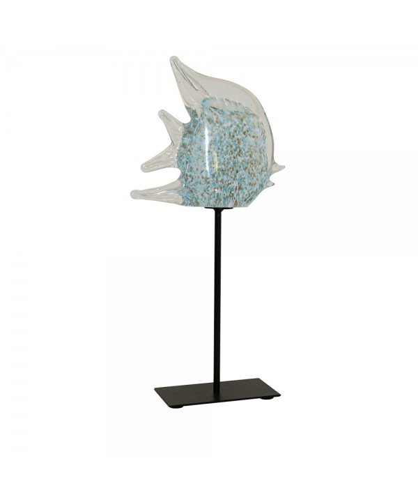 Decorative glass fish in blue and transparent on metal stand
