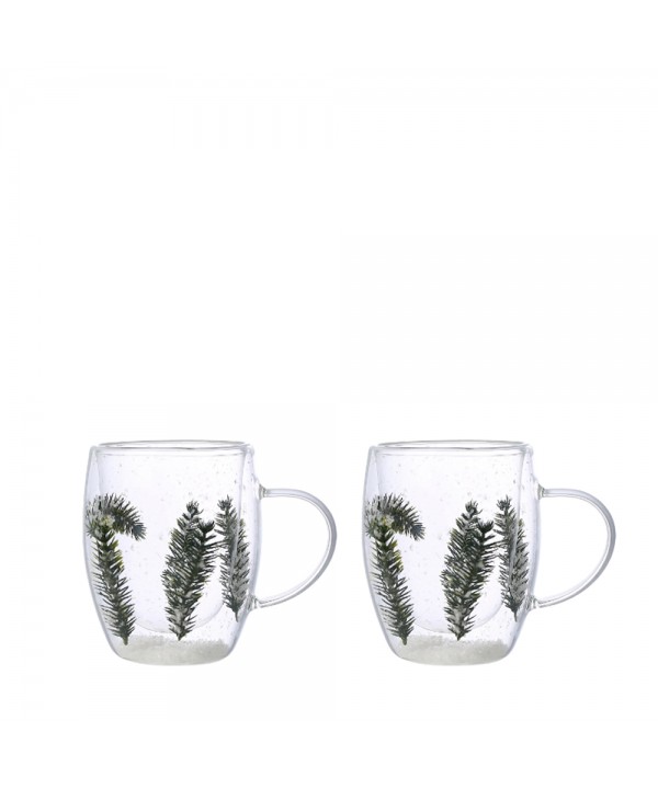 Double-walled teacups white and green flowers 350ml - pack of 2