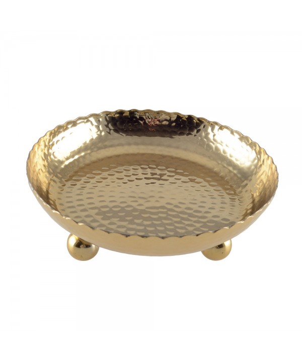 Gold hammered tray on round feet 23cm