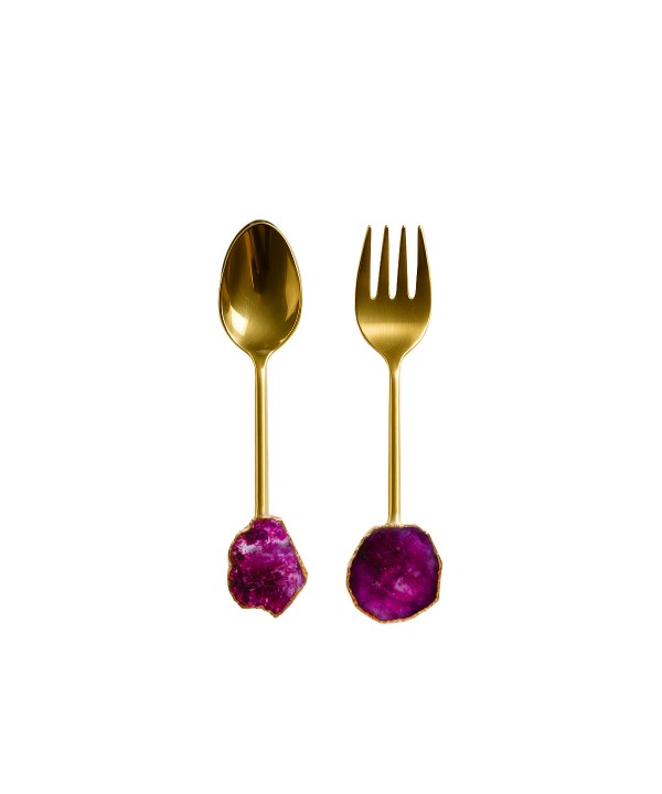 Golden salad servers pink agate stone
