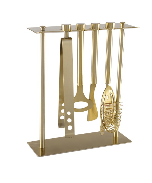 5-piece bar tool set on stand, matte gold