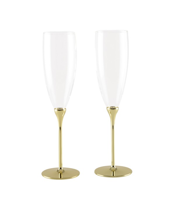 Glass champagne flutes with gold metal stem - set of 2