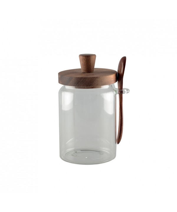 Glass sugar pot with lid and wooden spoon