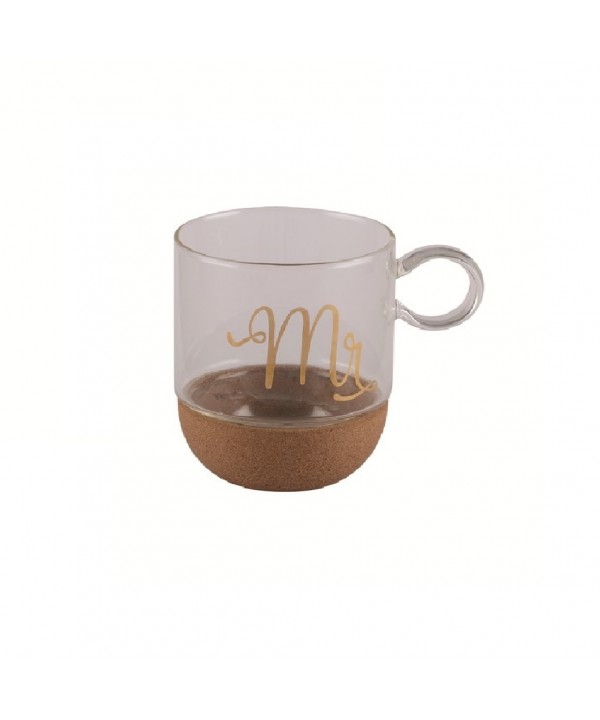 Borosilicate glass mug with gold printing "Mr" and cork base 