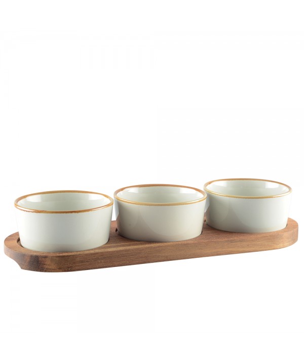 Set apéritif de 3 coupelles sur plateau en bois 29x10cm