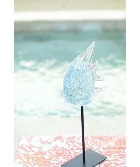 Poisson décoratif en verre bleu et transparent sur pied en métal