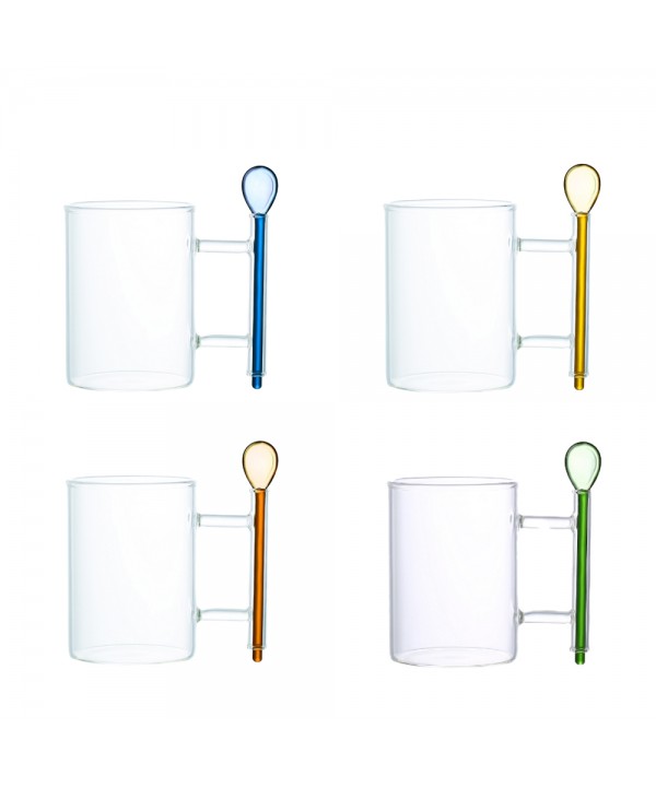 Tasses à thé en verre avec cuillères multicolores - lot de 4