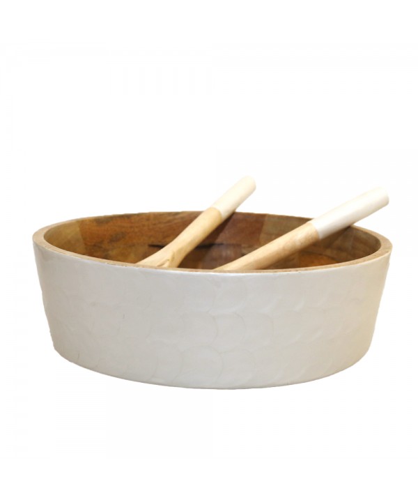 Saladier et couverts a salade blanc et bois manguier