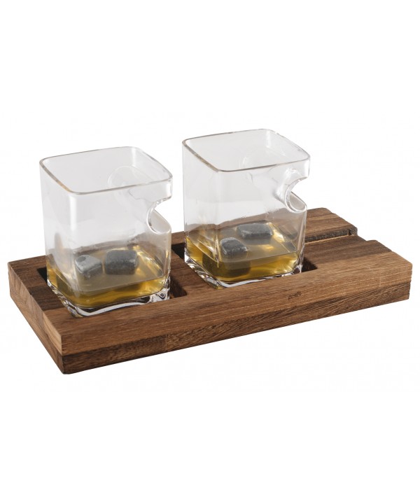 Duo whisky deux verres support bois 4 glaçons pierre céramique