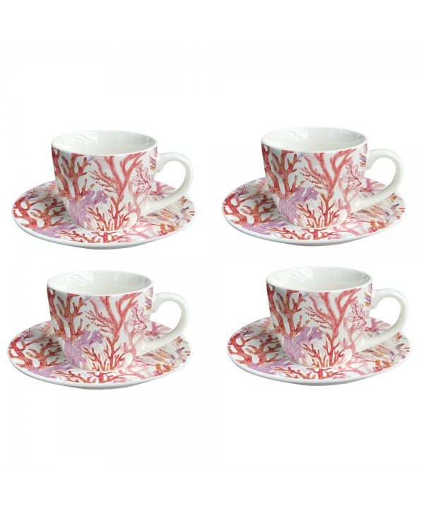 Tasses et sous-tasses corail - lot de 4