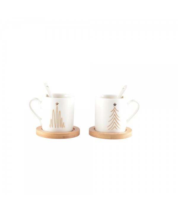 Tasses à café sapin avec cuillères et soucoupes en bois - lot de 2