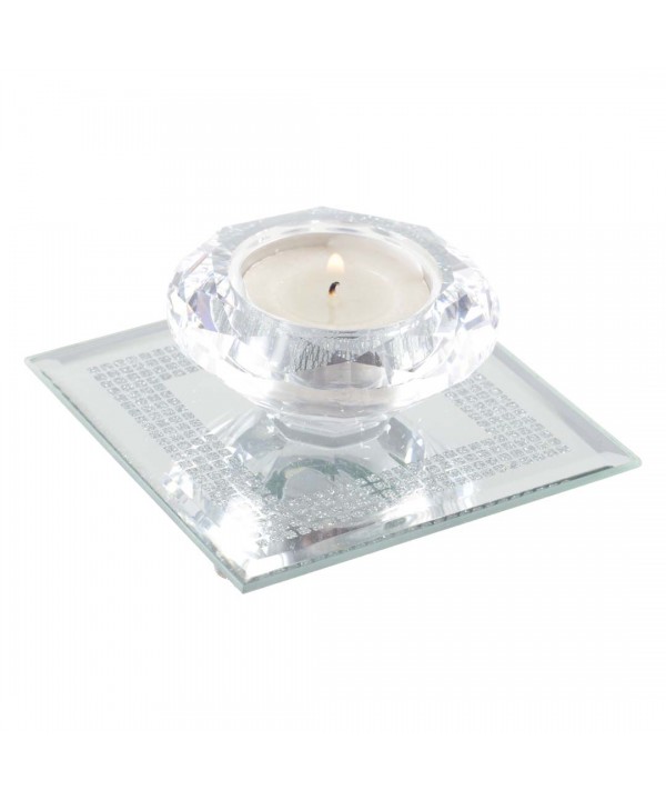 Bougeoir en cristal 9x9cm sur support carré miroir argent