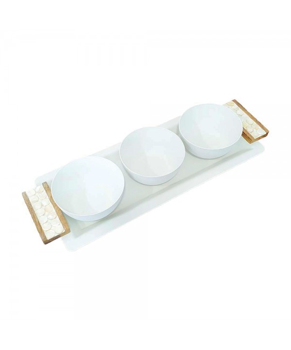 Set apéritif de 3 coupelles sur plateau blanc et bois 33x14cm