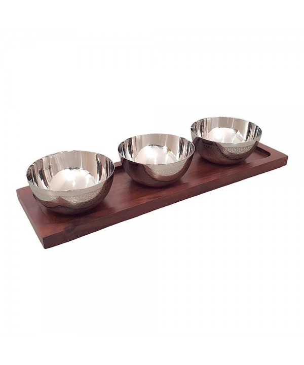 Set apéritif 3 coupelles argent sur plateau en bois 35x11cm