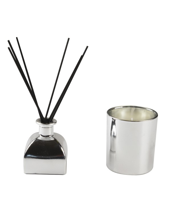 Coffret bougie & parfum d'ambiance argent parfum frésia
