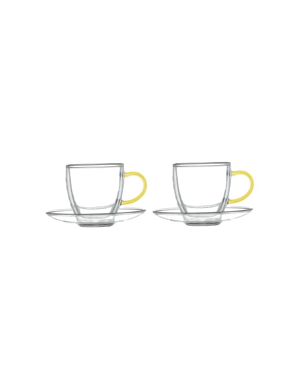 Tasses et sous-tasses double paroi anse jaune -  lot de 2