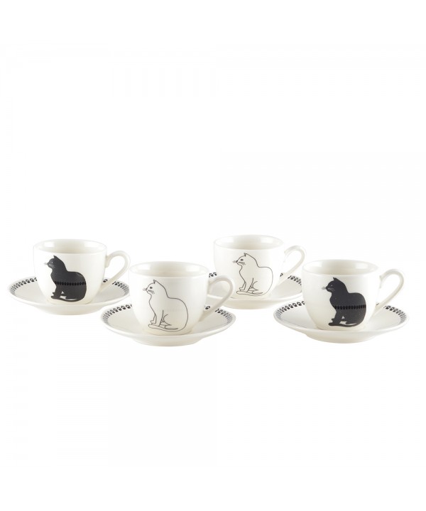 Tasses à café avec soucoupes chat noir et blanc - lot de 4