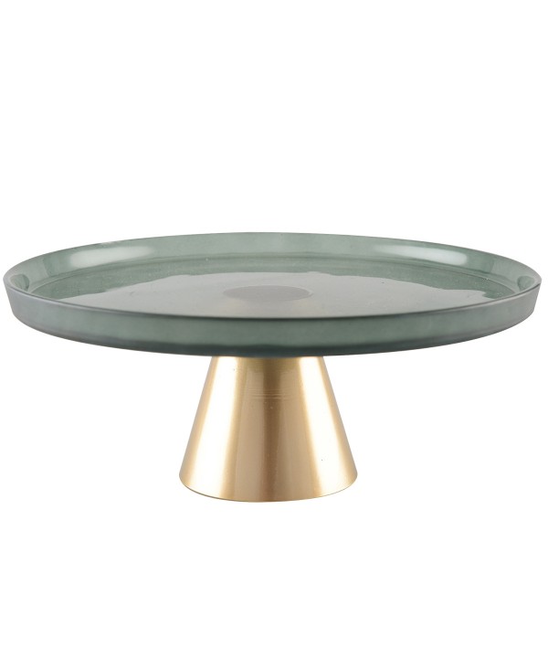 Plat à gâteaux vert sur pied dore 28cm